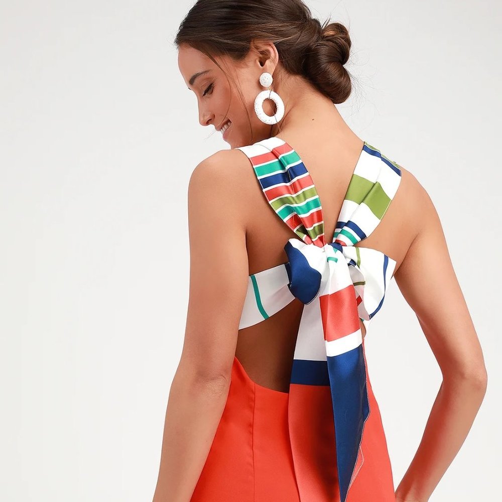 NWT Lulus Joyful Red Orange Multi Stripe Tie-Back Mini Dress